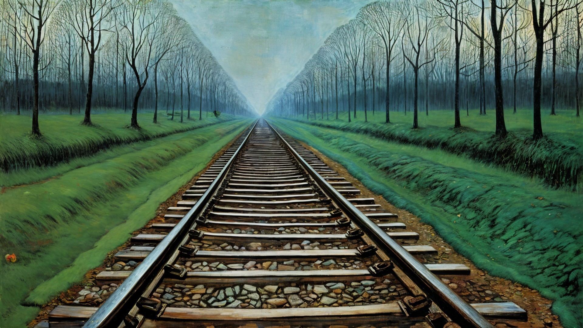 Serene Landscape with Railway Tracks and Nature Elements