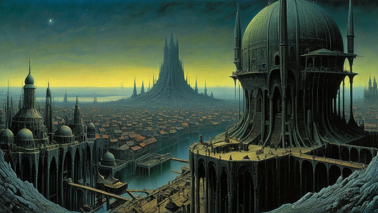 Surreal Twilight Cityscape with Intricate Structures