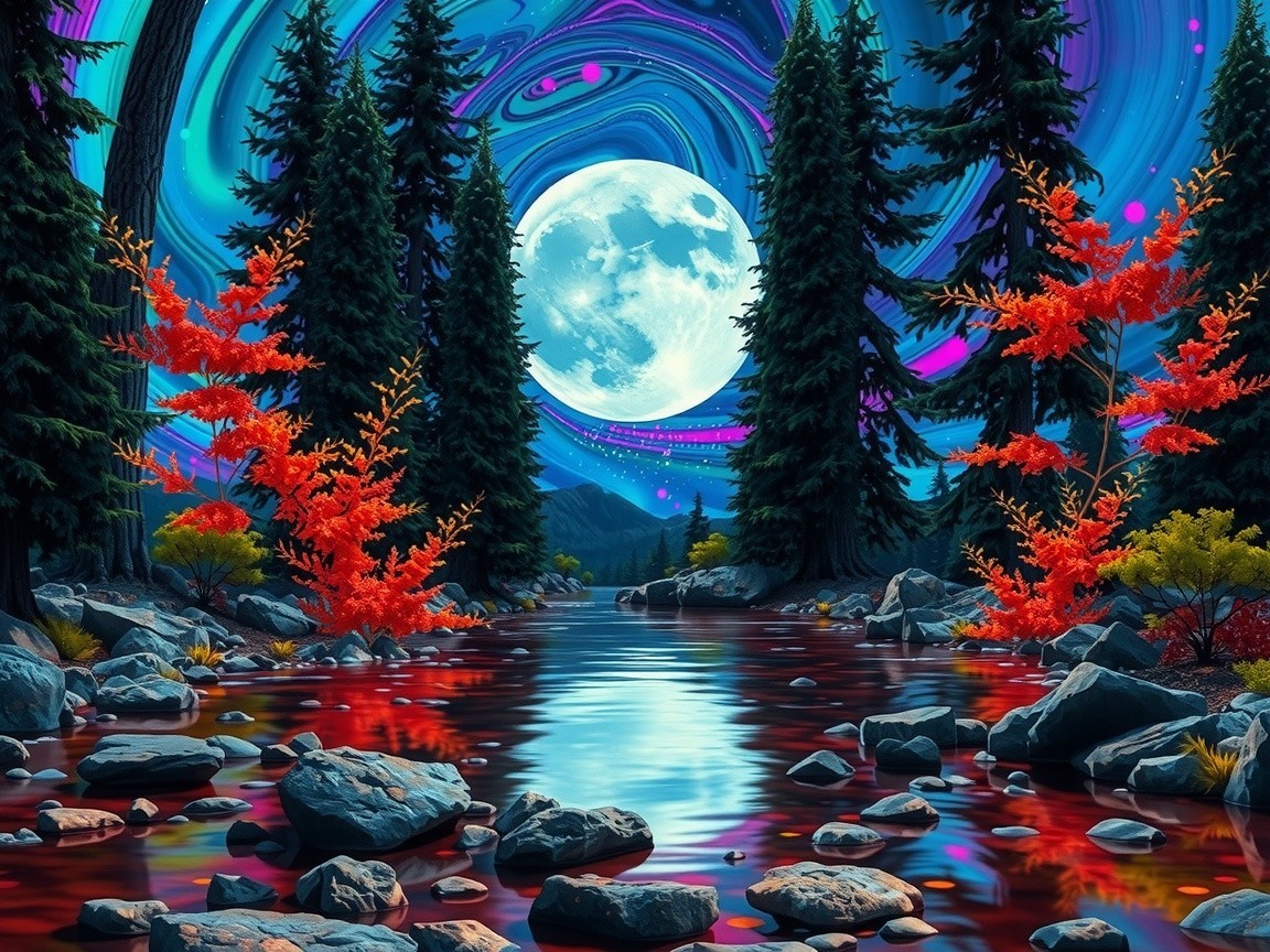 Tranquil River in Vibrant Landscape Under Full Moon