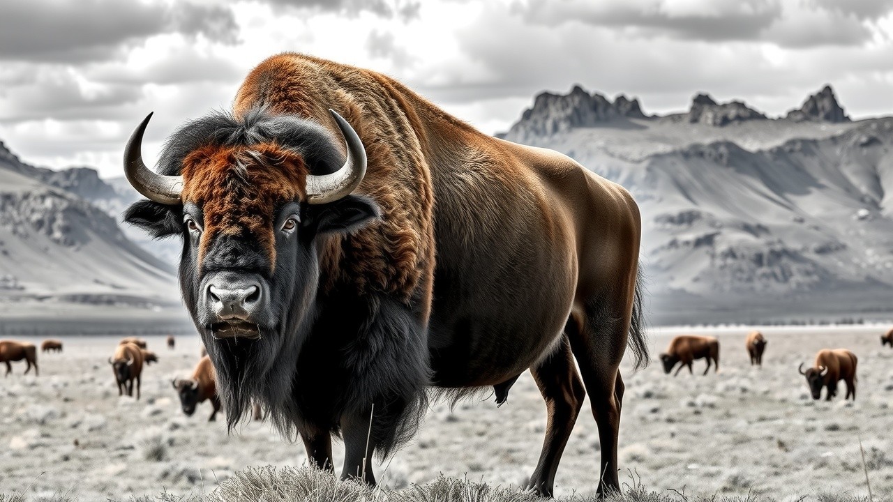 Bison in a Vast Landscape with Rocky Mountains