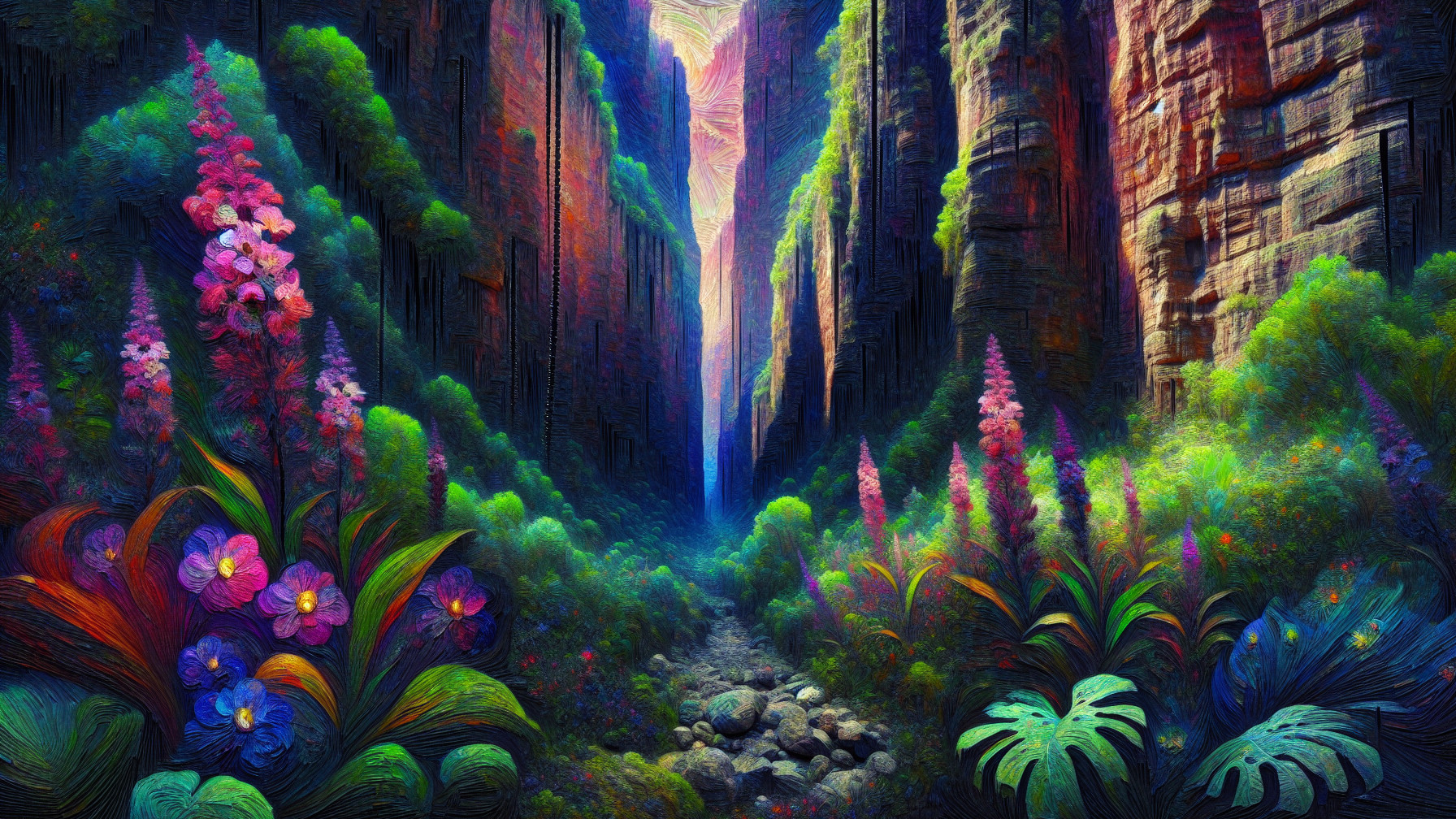 Surreal Canyon Landscape with Lush Greenery and Flowers