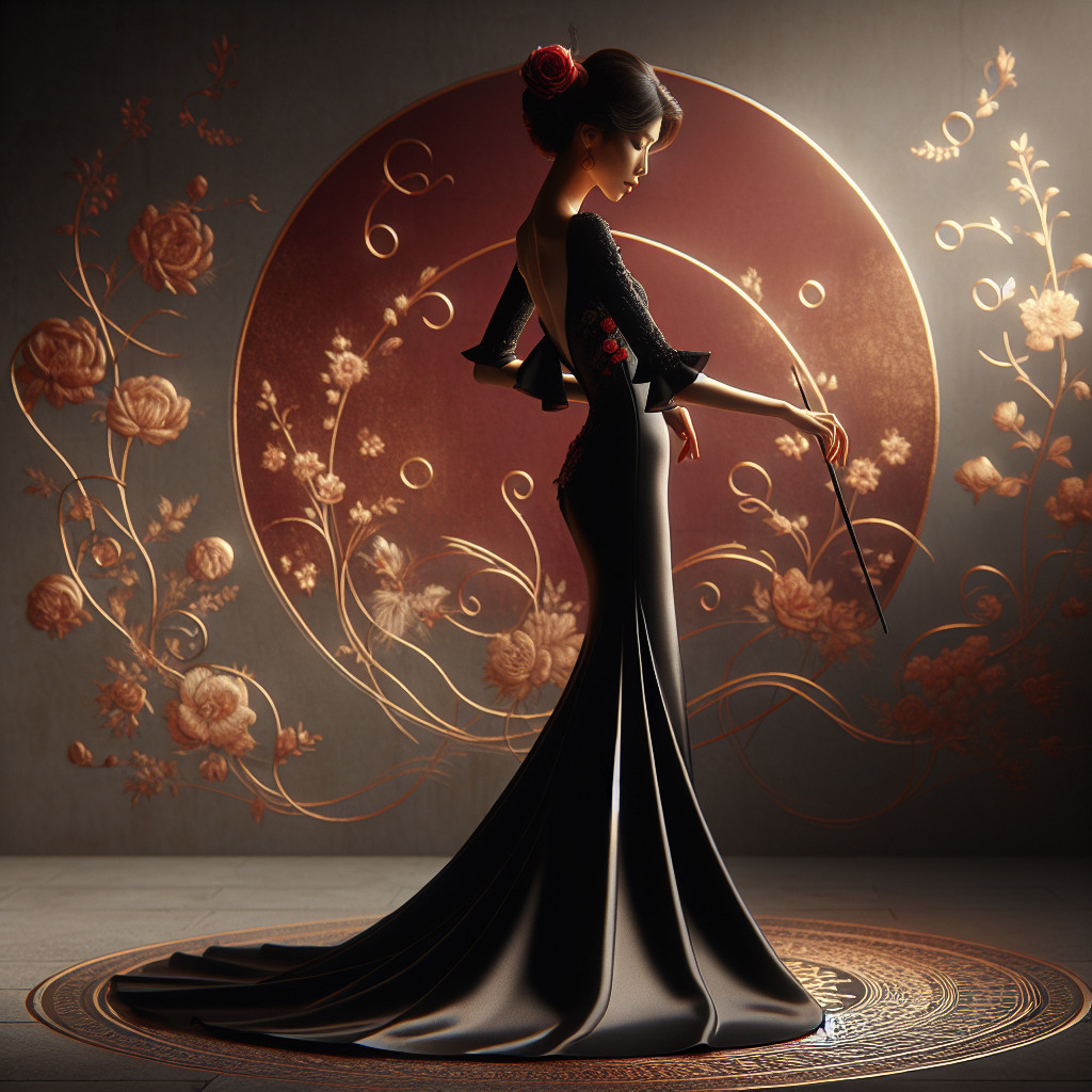 Elegant Black Gown with Floral Designs and Backdrop