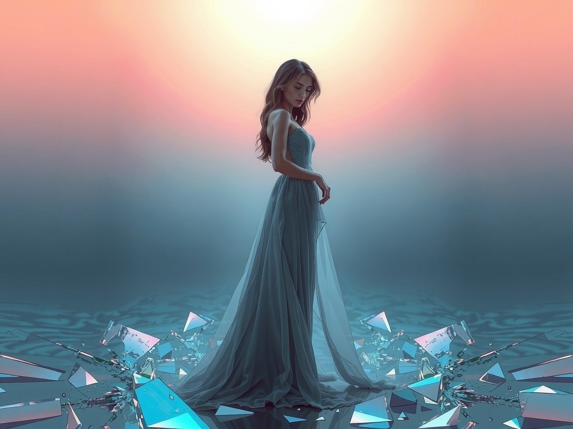 Serene Figure in Ethereal Light Among Glass Shards