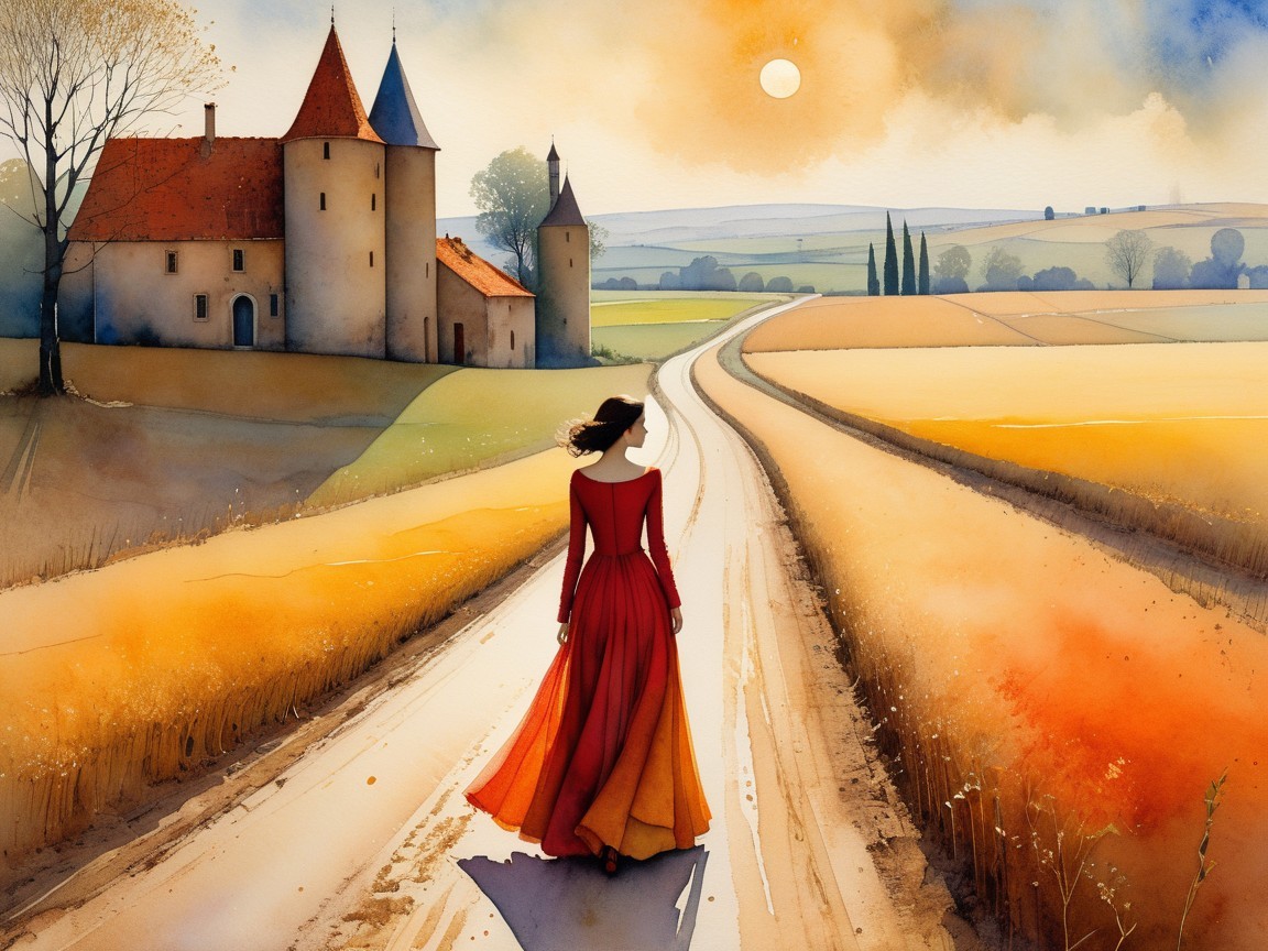 Solitary Figure in Red Gown on Winding Pathway