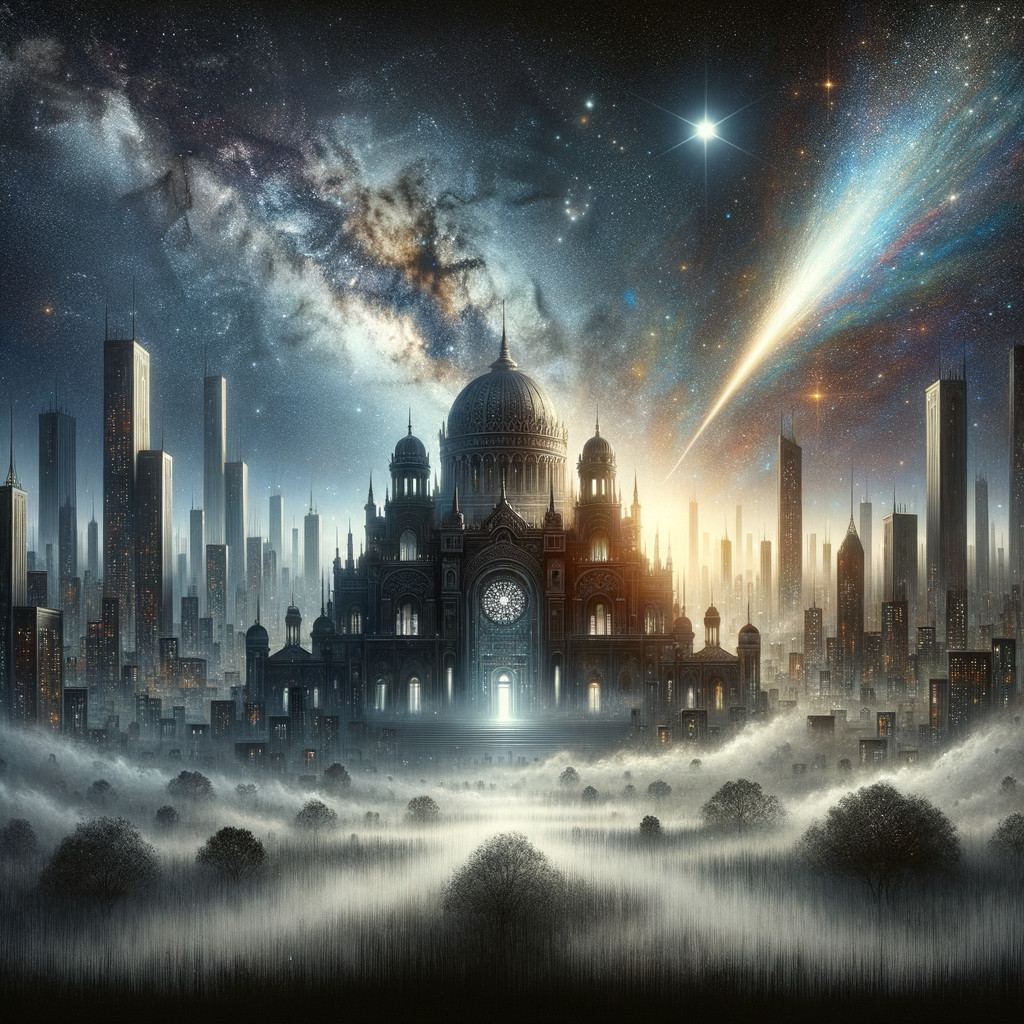 Ethereal Cityscape with Dome and Vibrant Galaxies