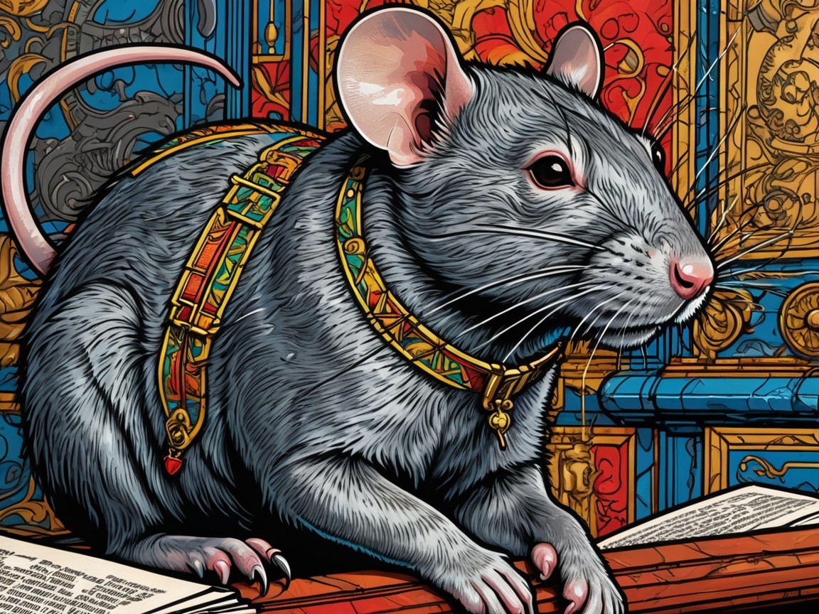 Regal rat with ornate collar on decorated surface
