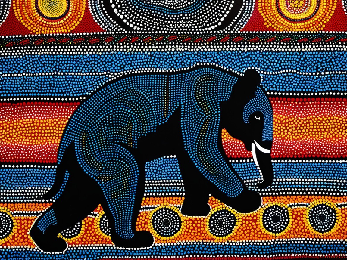 Stylized Black Bear on Colorful Dot Pattern Background