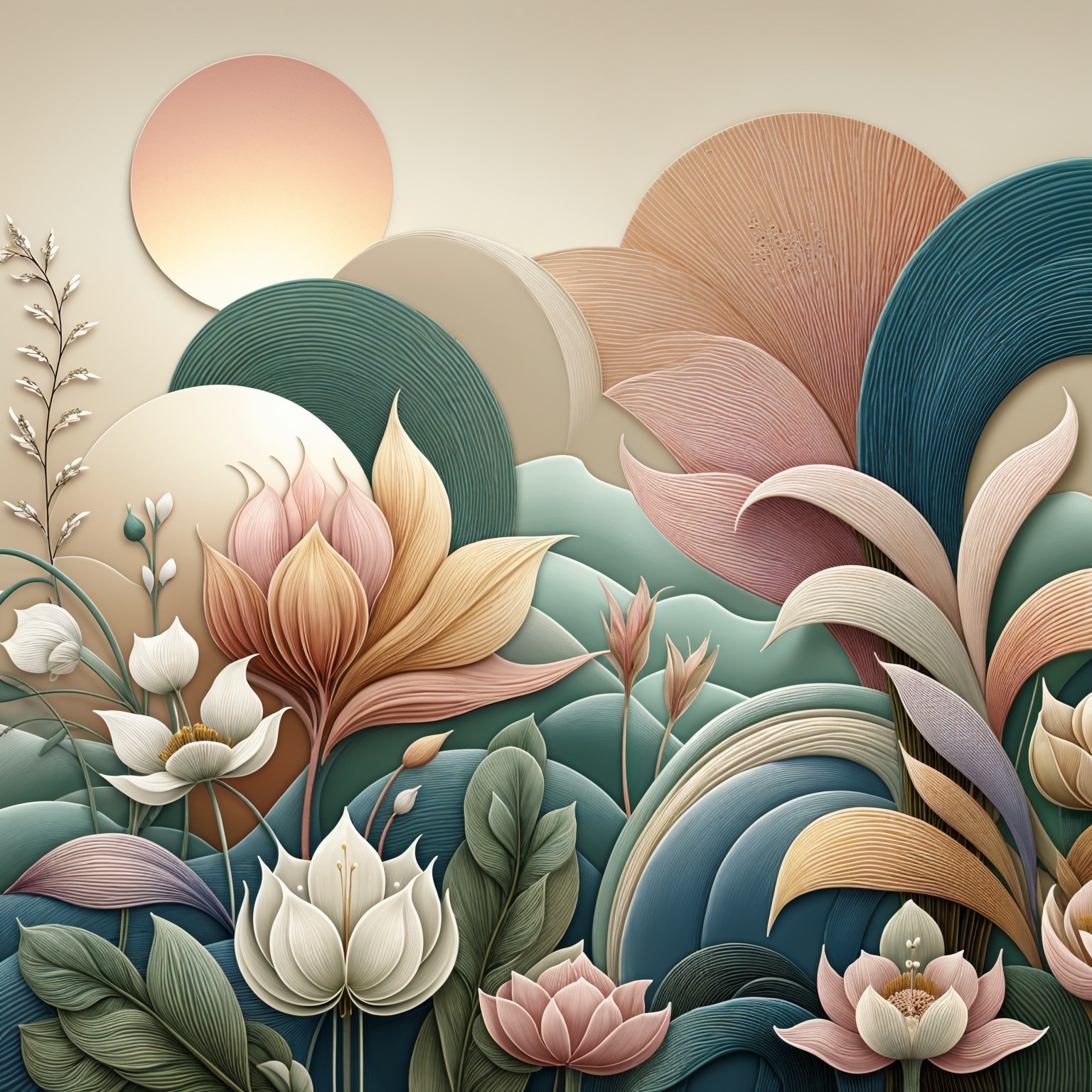 Stylized Floral Landscape with Pastel Colors and Hills