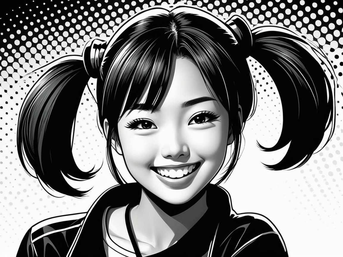Cheerful Young Girl in Monochromatic Comic Style