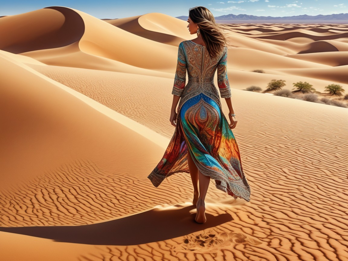 Woman in Maxi Dress Walking on Golden Sand Dunes