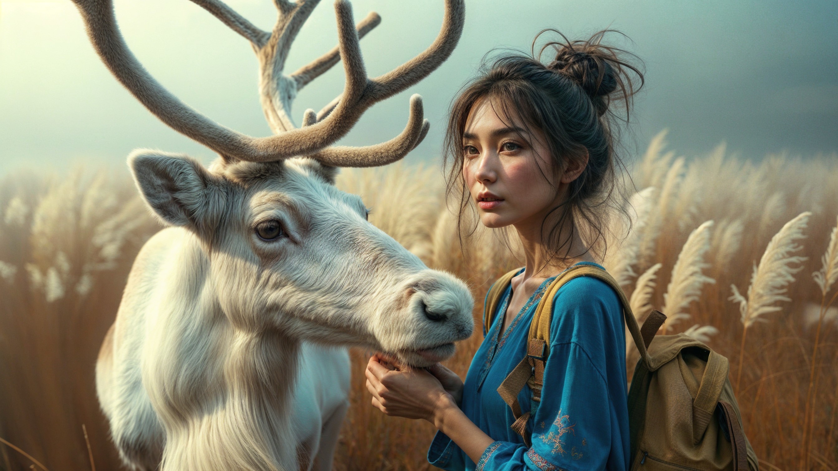 Young Woman with White Reindeer in Misty Field