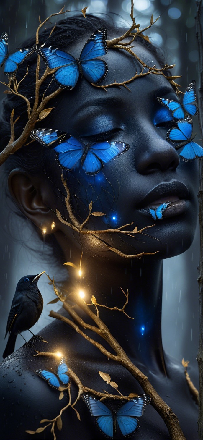 Close-up Digital Painting of Woman with Butterflies and Birds