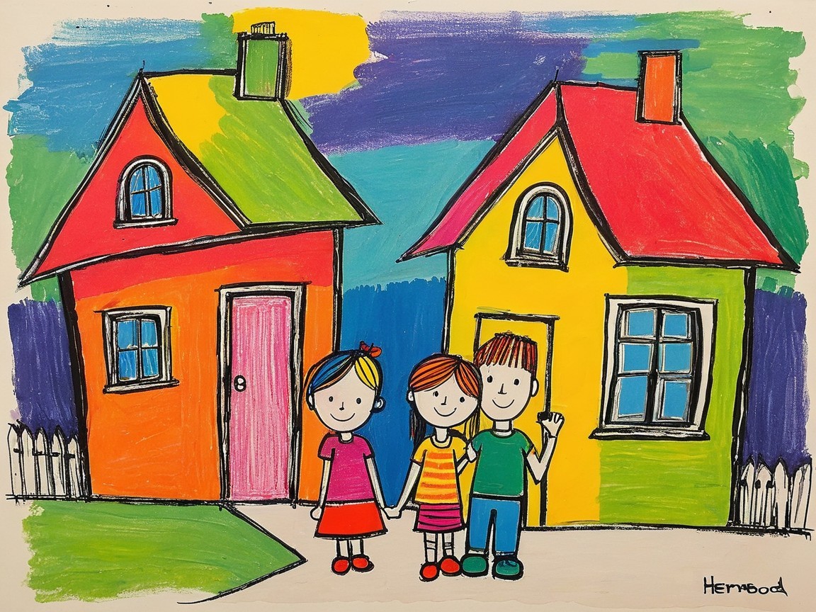 Colorful Drawing of Two Houses and Happy Children