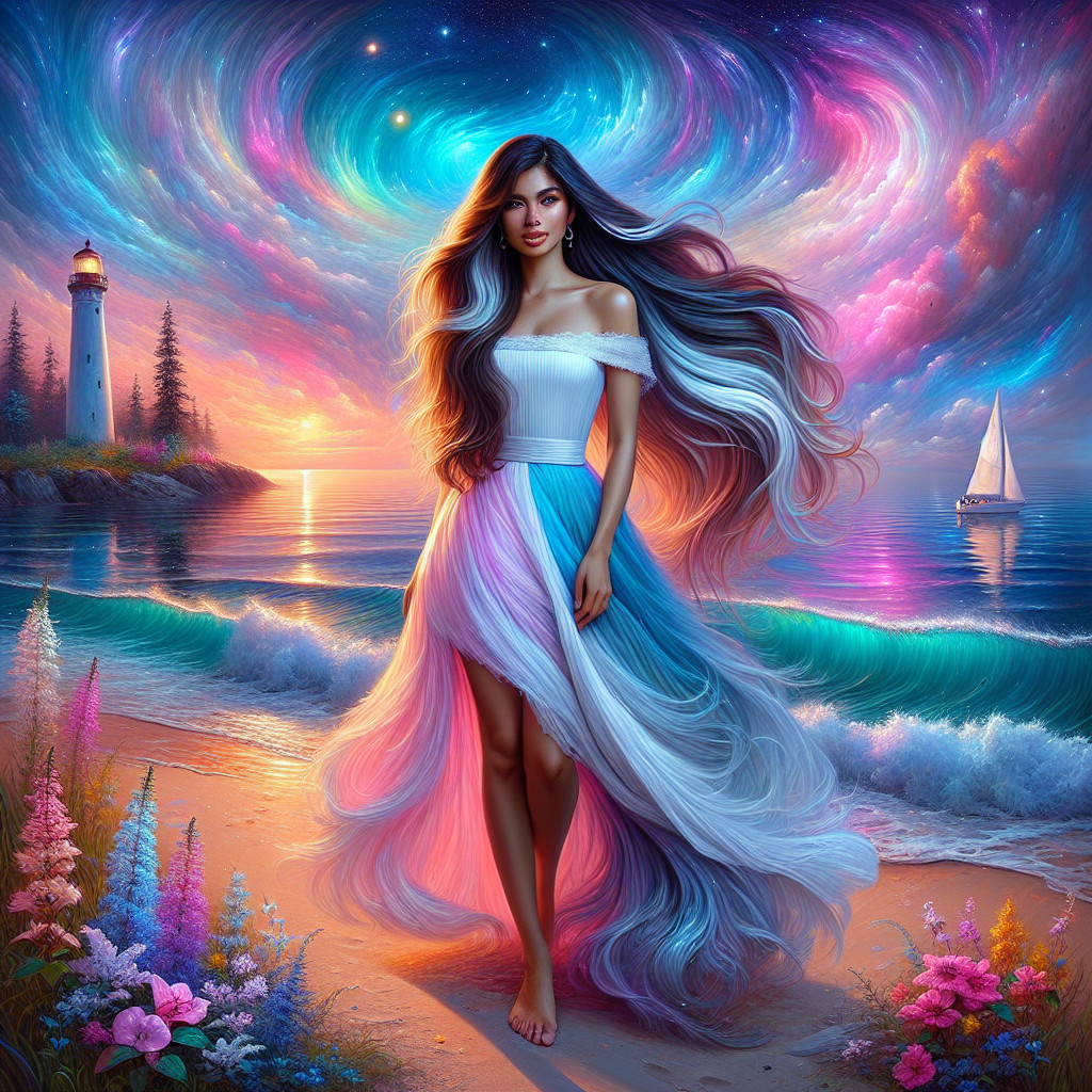 Serene Beach Scene with Vibrant Colors and Lighthouse