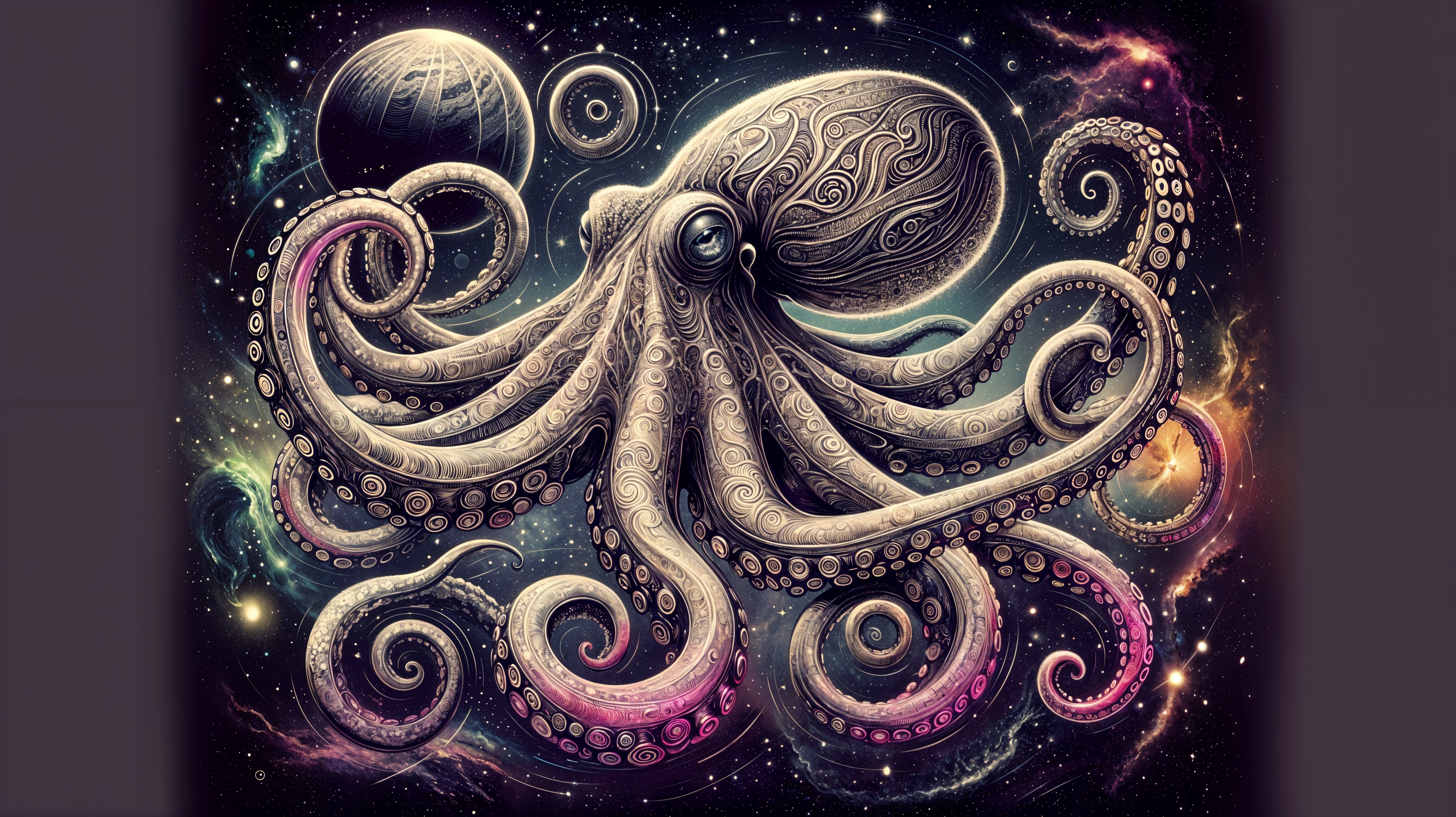 Surreal Octopus in Cosmic Galaxy with Planets