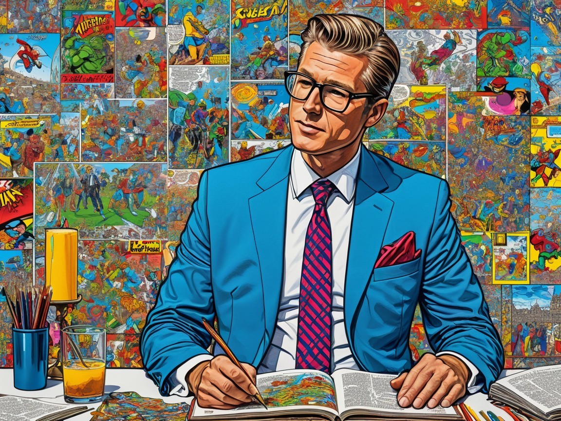 Stylish Man Sketching Amidst Comic Book Collage