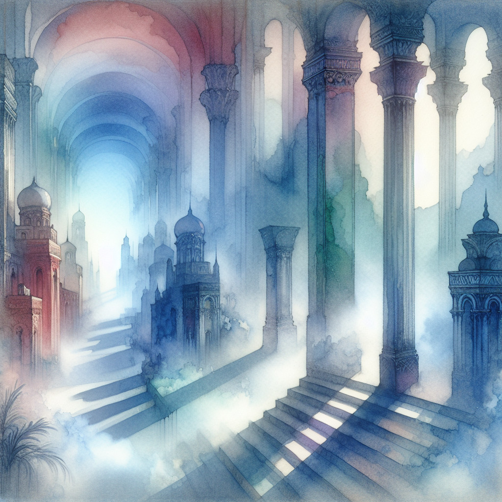 Surreal Ethereal Landscape with Grand Columns and Fog