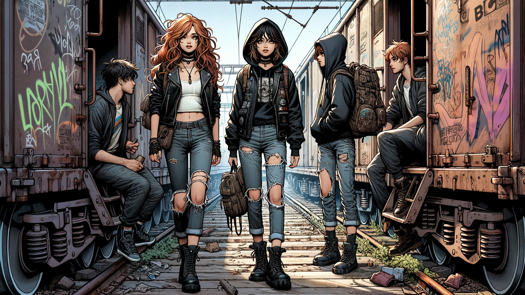 Edgy Teens on Railway Track with Graffiti Train Cars