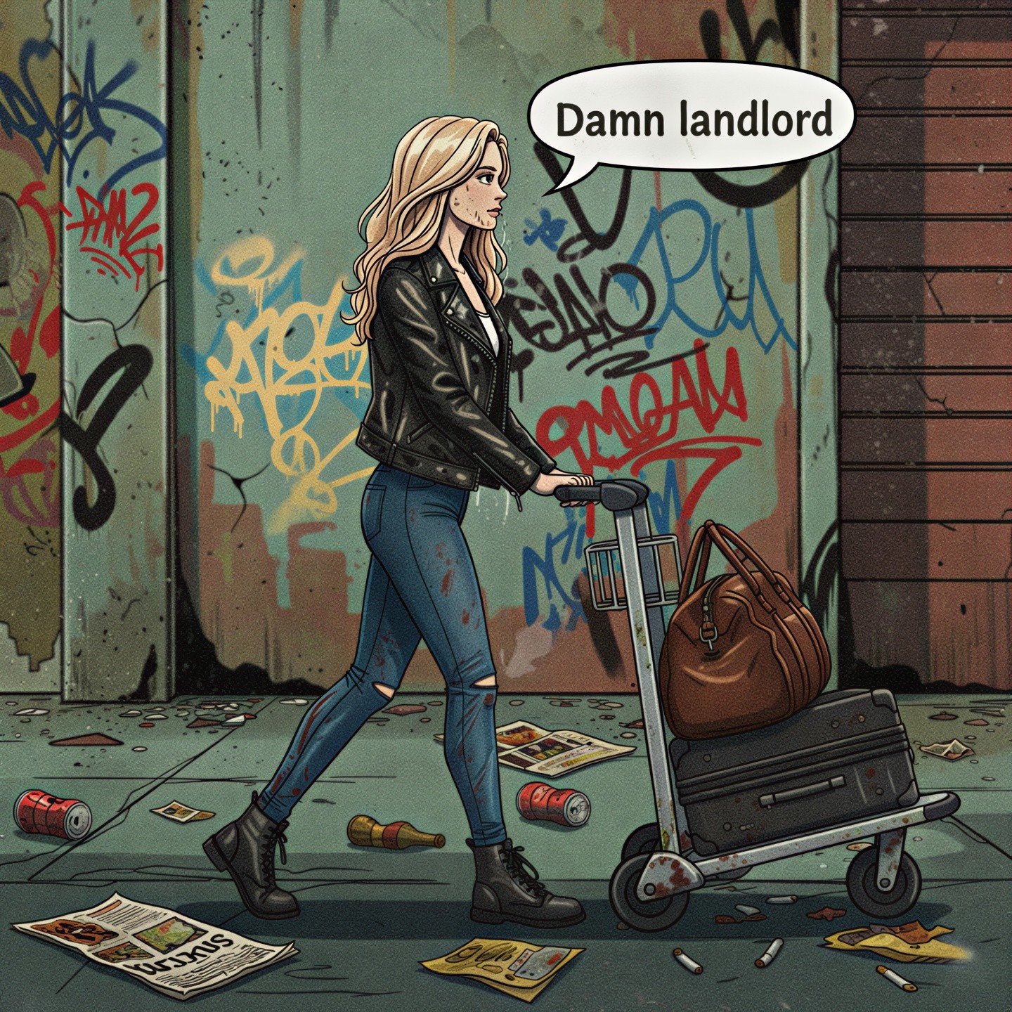 Young Woman Navigates Graffiti-Covered Alleyway