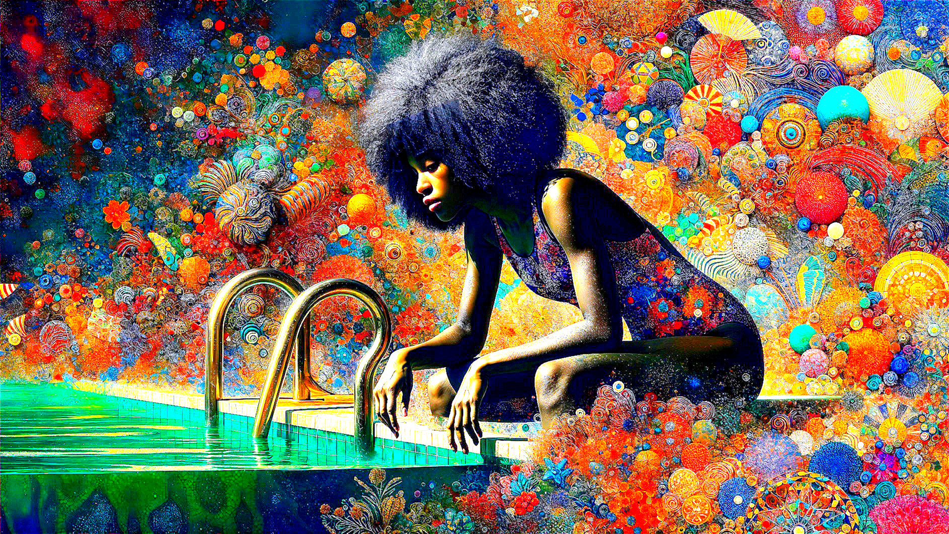 Woman with Afro by Vibrant Abstract Pool Scene