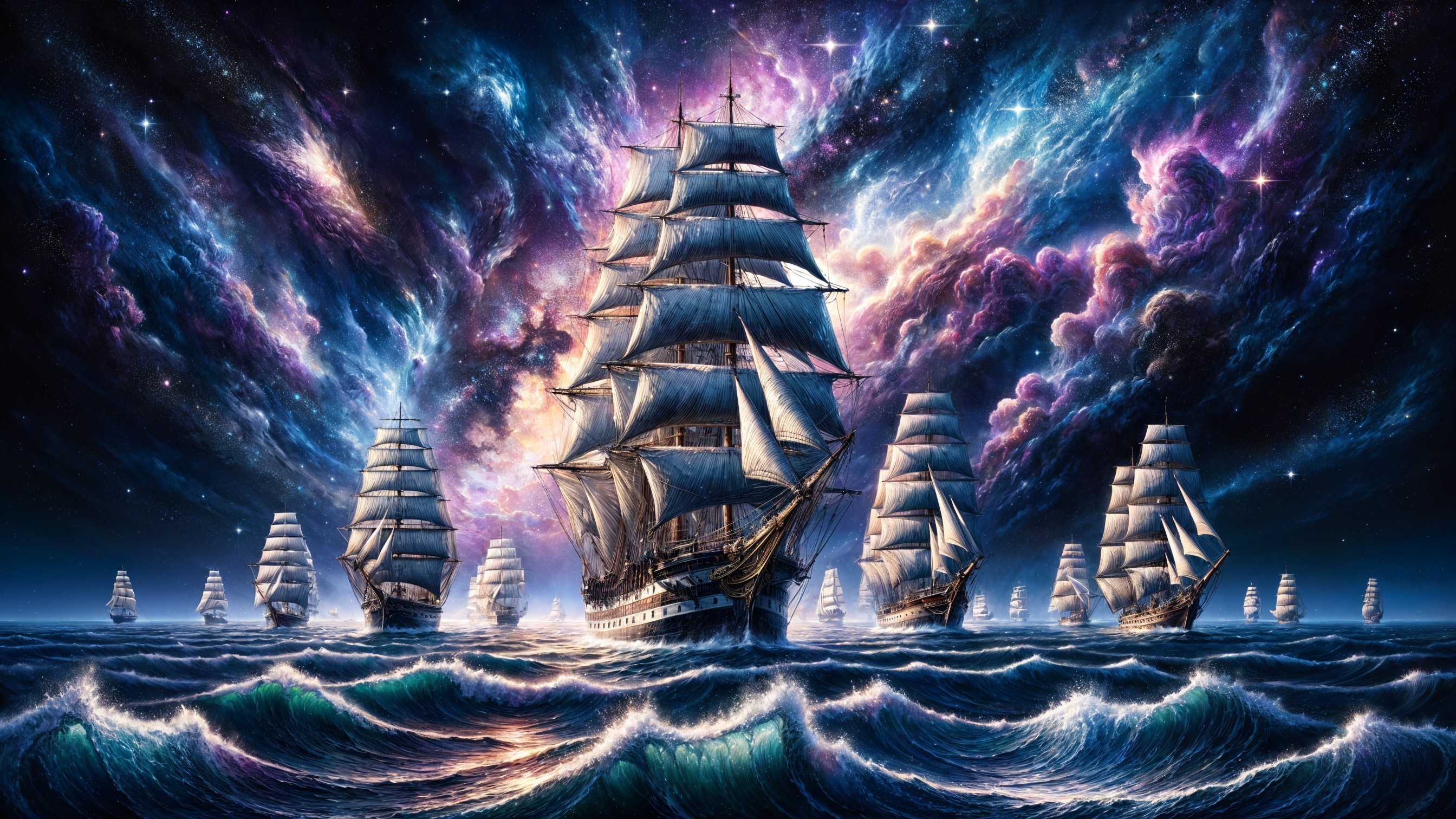 Tall ships sailing in a vibrant cosmic ocean scene