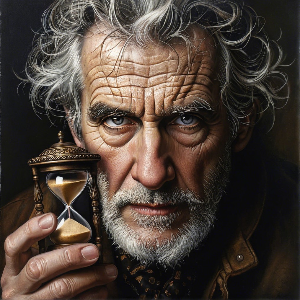 Elderly Man with Hourglass in Soft Lighting