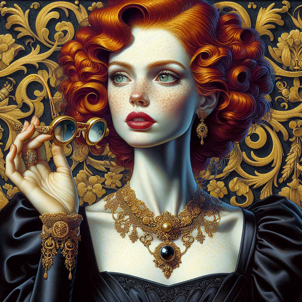 Elegant Woman in Black Dress with Red Hair and Jewelry
