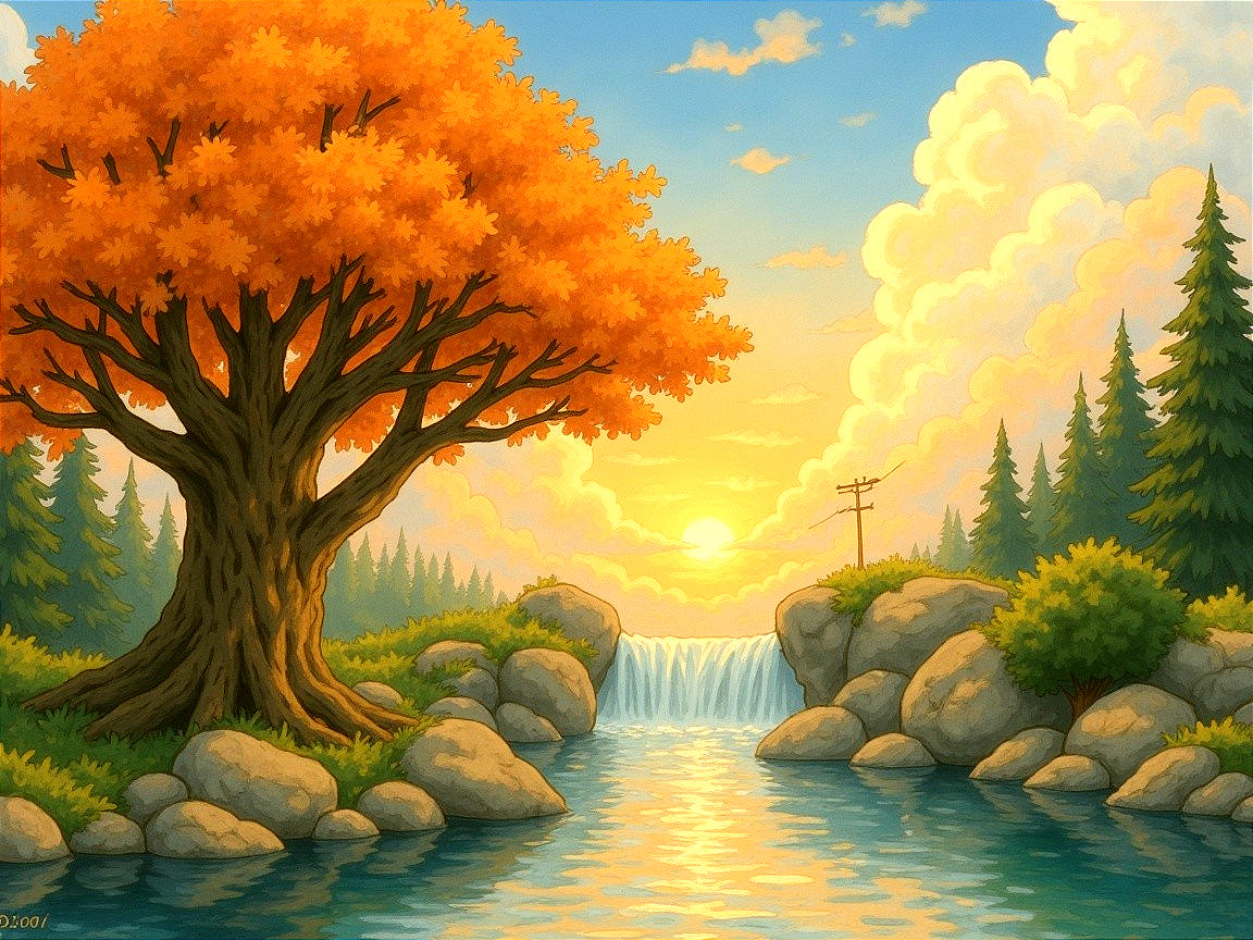 Serene Landscape with Majestic Tree and Waterfall