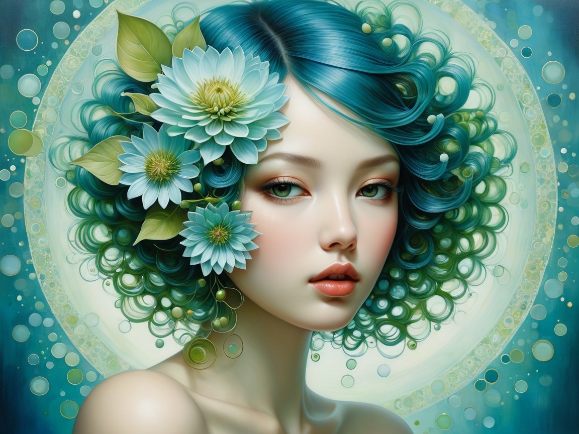 Portrait of a Young Woman with Teal Curly Hair
