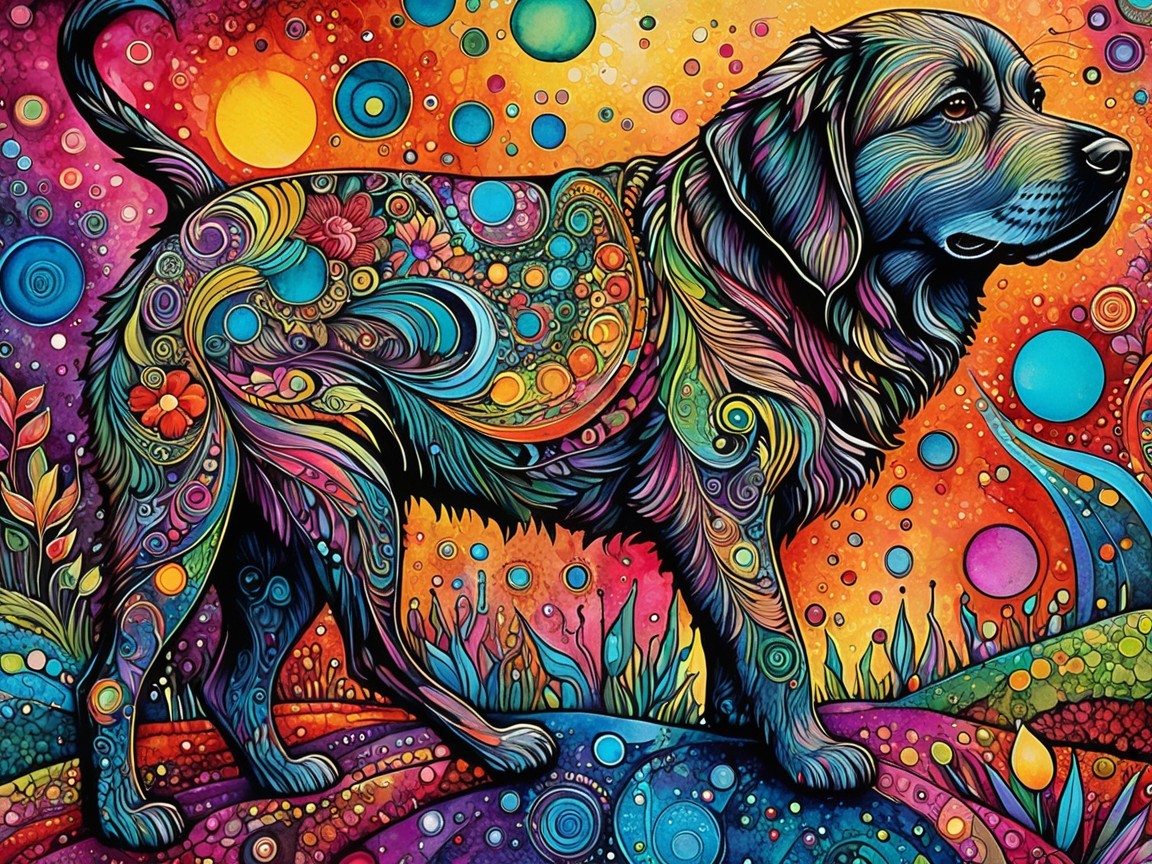 Vibrant Psychedelic Dog Illustration with Floral Patterns