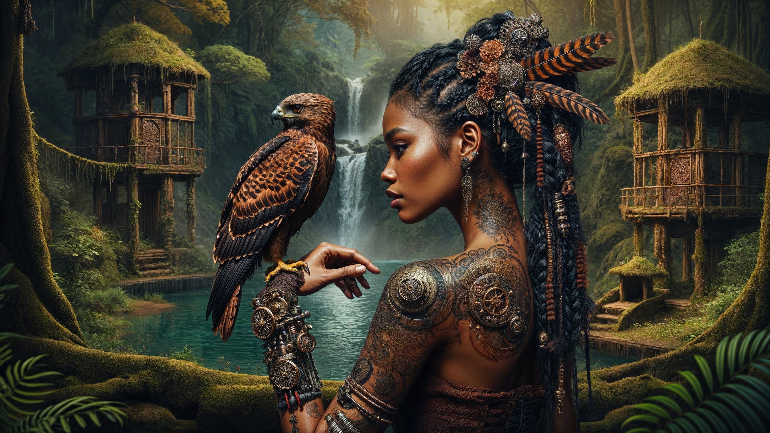 Woman with Tattoos and Hawk in Serene Forest Setting
