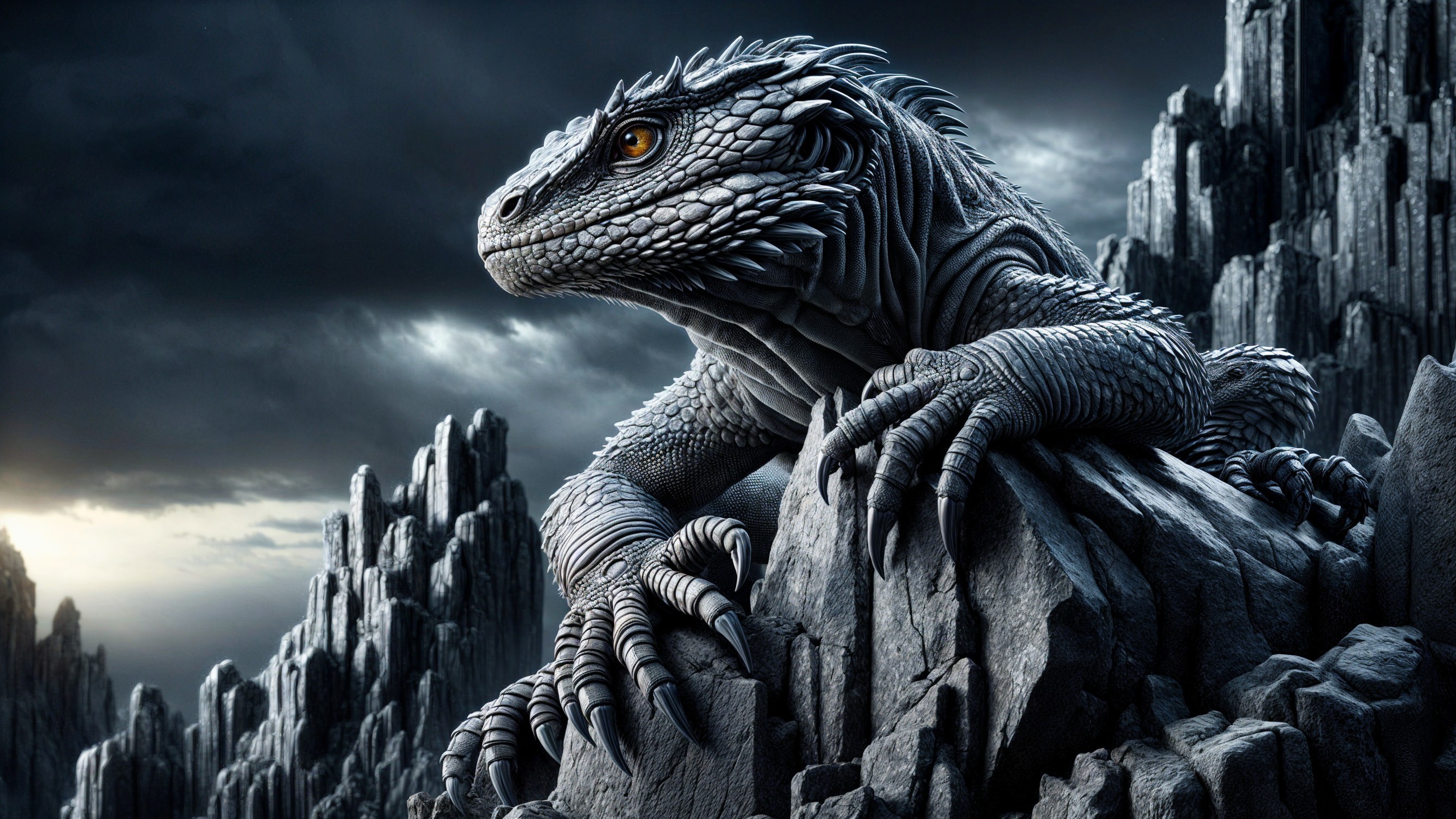 Dragon-like Creature on Jagged Rocks Under Stormy Sky