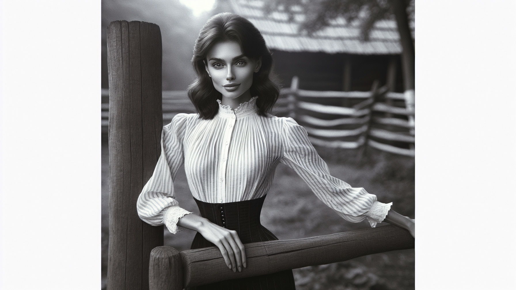 Vintage Woman by Wooden Fence in Black and White