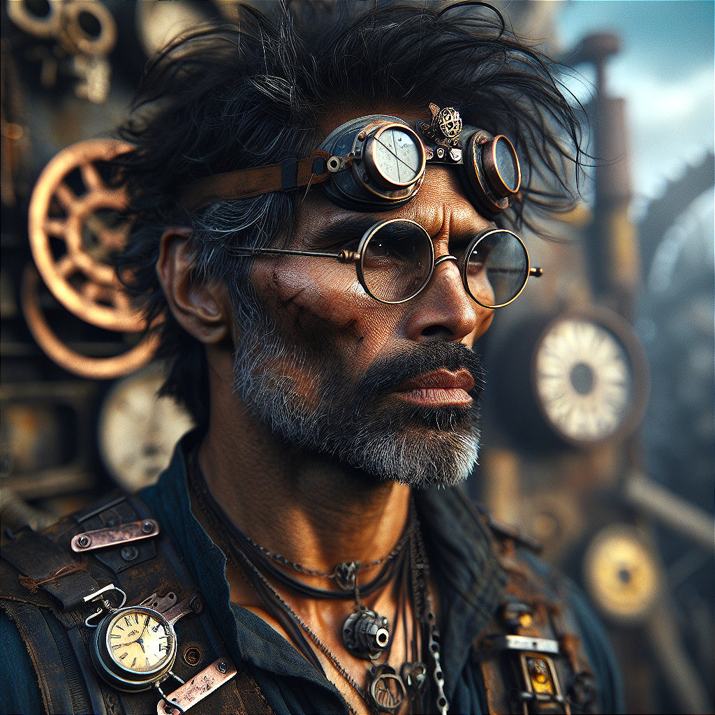 Middle-aged man in steampunk attire with clockwork backdrop