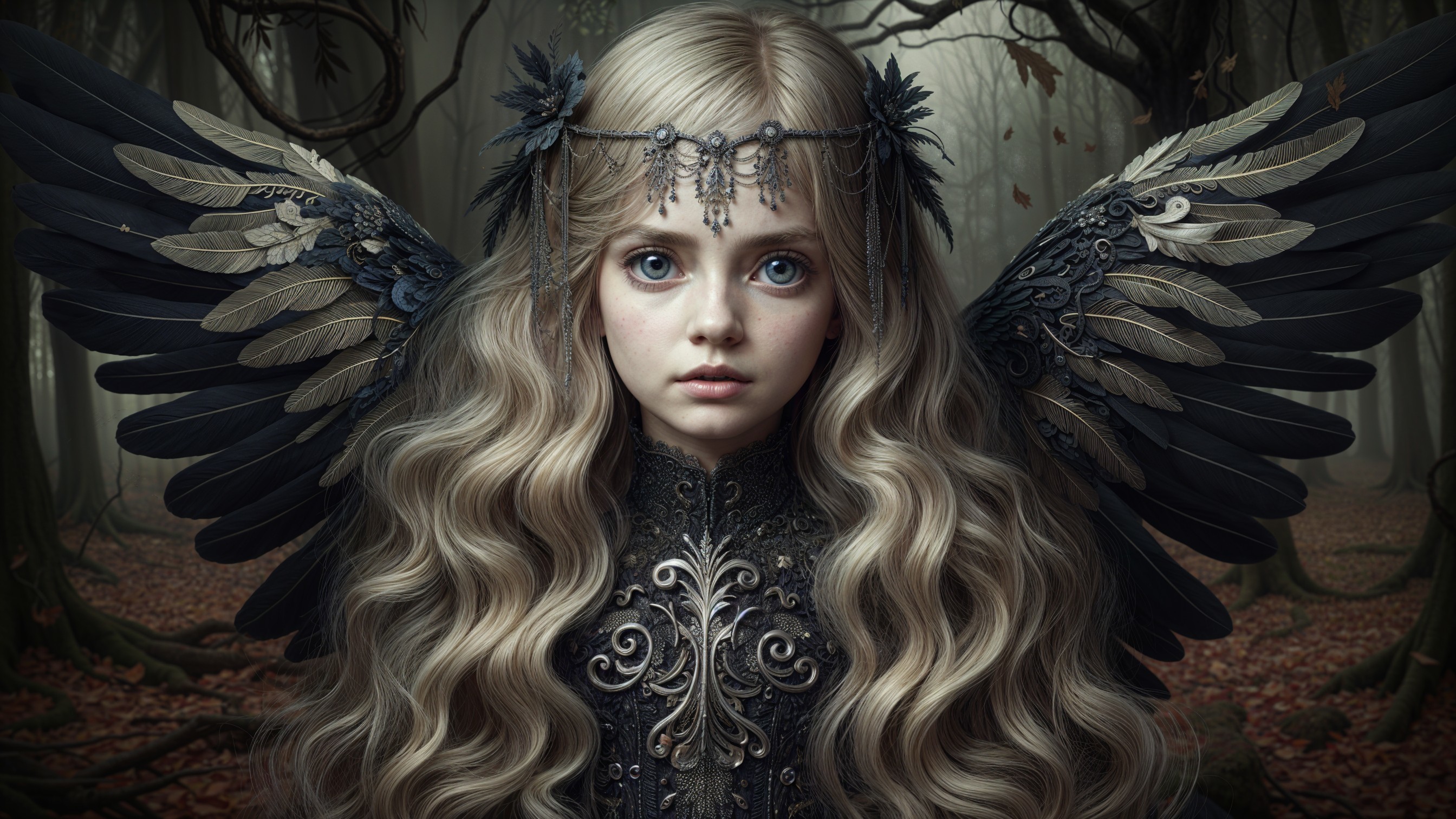 Young girl with feathered wings in enchanted forest