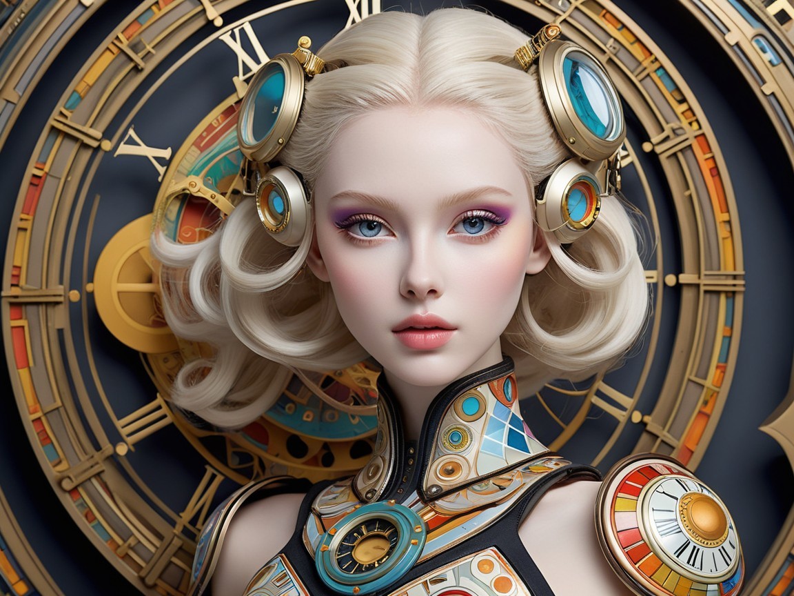 Platinum Blonde Figure Against Clock-Themed Backdrop