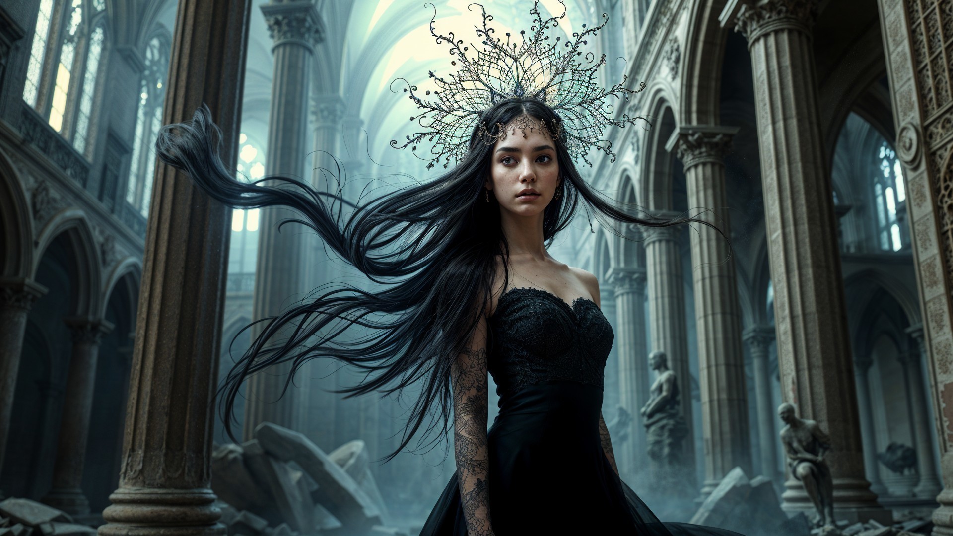 Gothic Setting with Elegant Woman in Black Dress