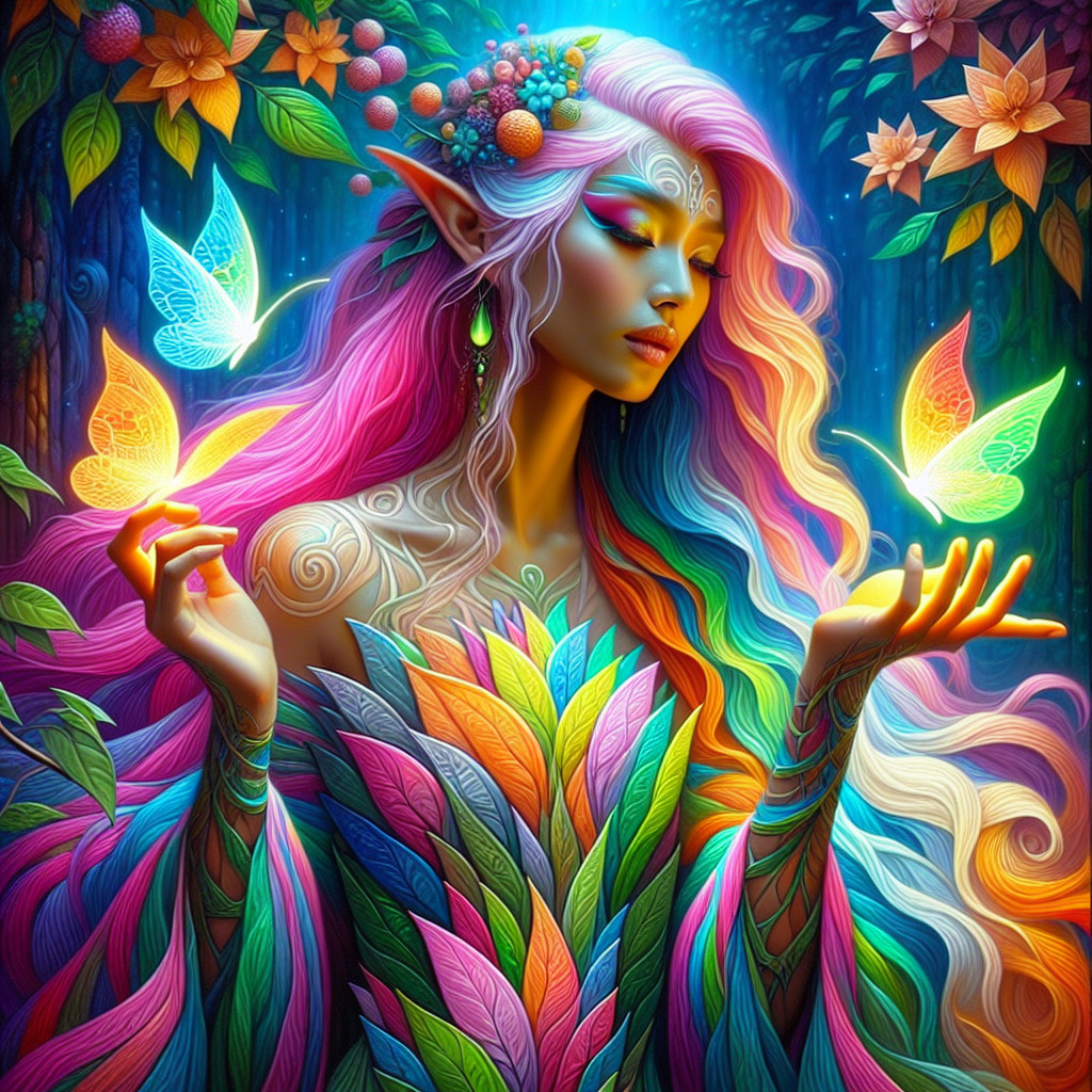 Mystical figure in enchanted forest with vibrant hair