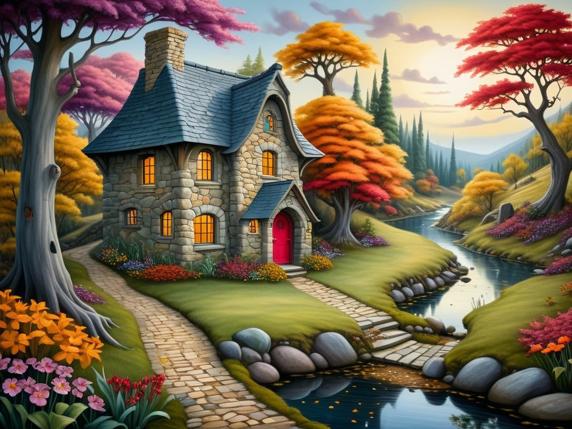 Charming stone cottage by a serene river in autumn