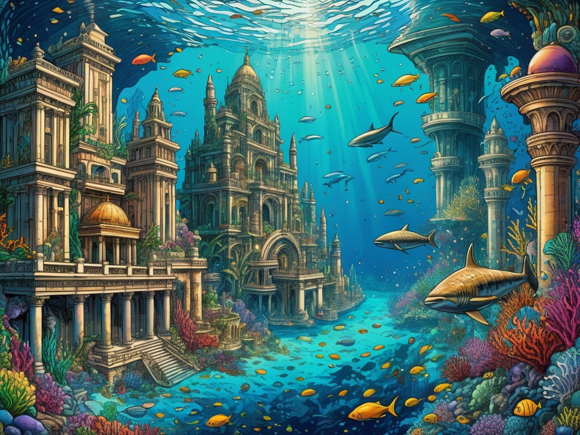 Sunken city underwater with coral and marine life