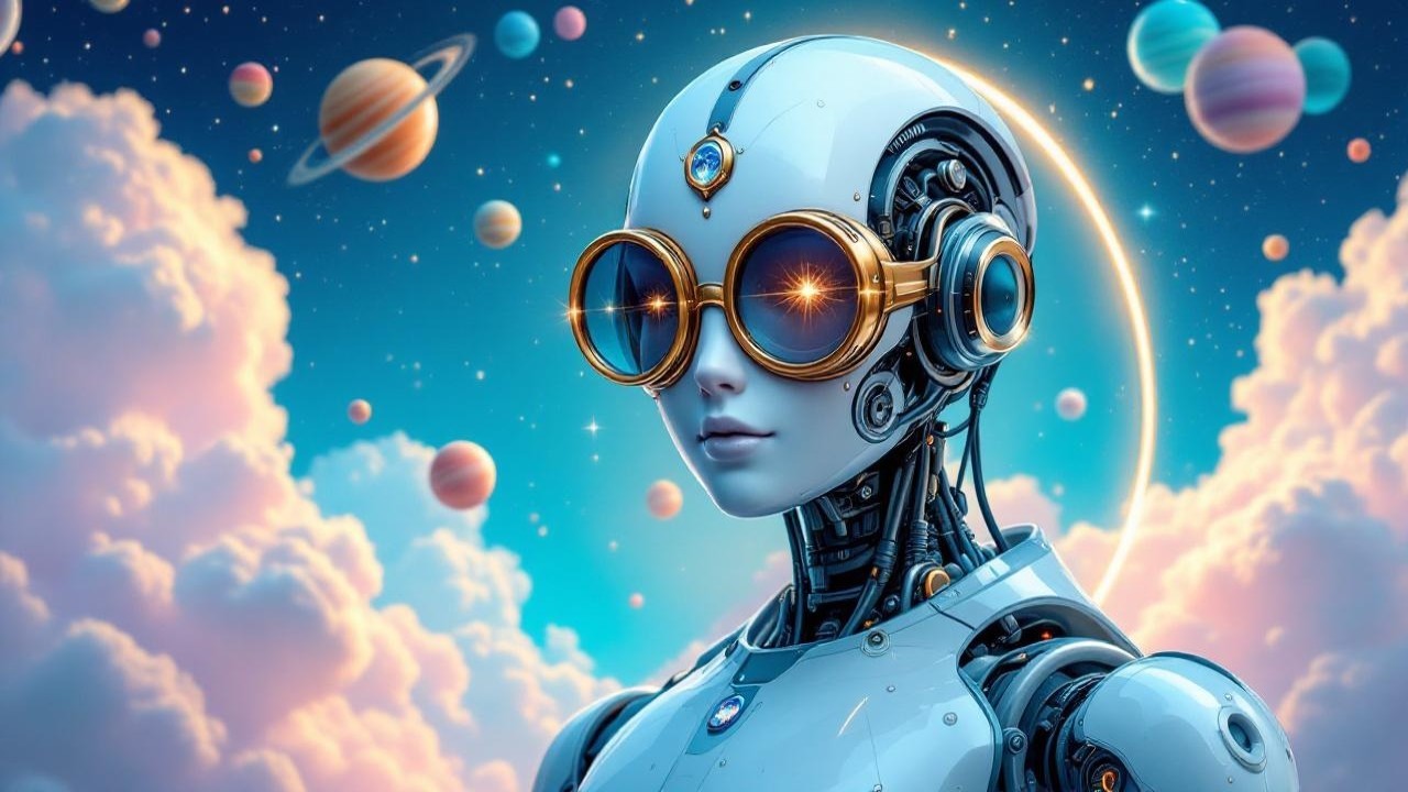 Futuristic humanoid robot in a cosmic landscape