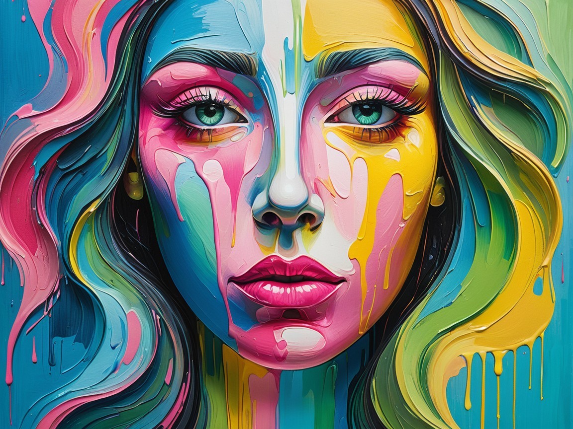 Close-up of a woman's colorful face in bold strokes