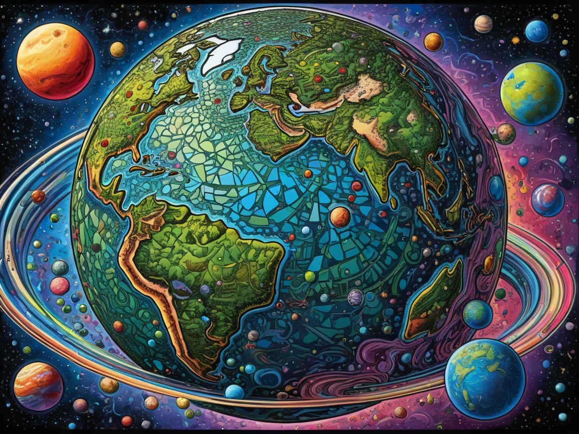 Vibrant Mosaic Earth Surrounded by Colorful Celestial Bodies