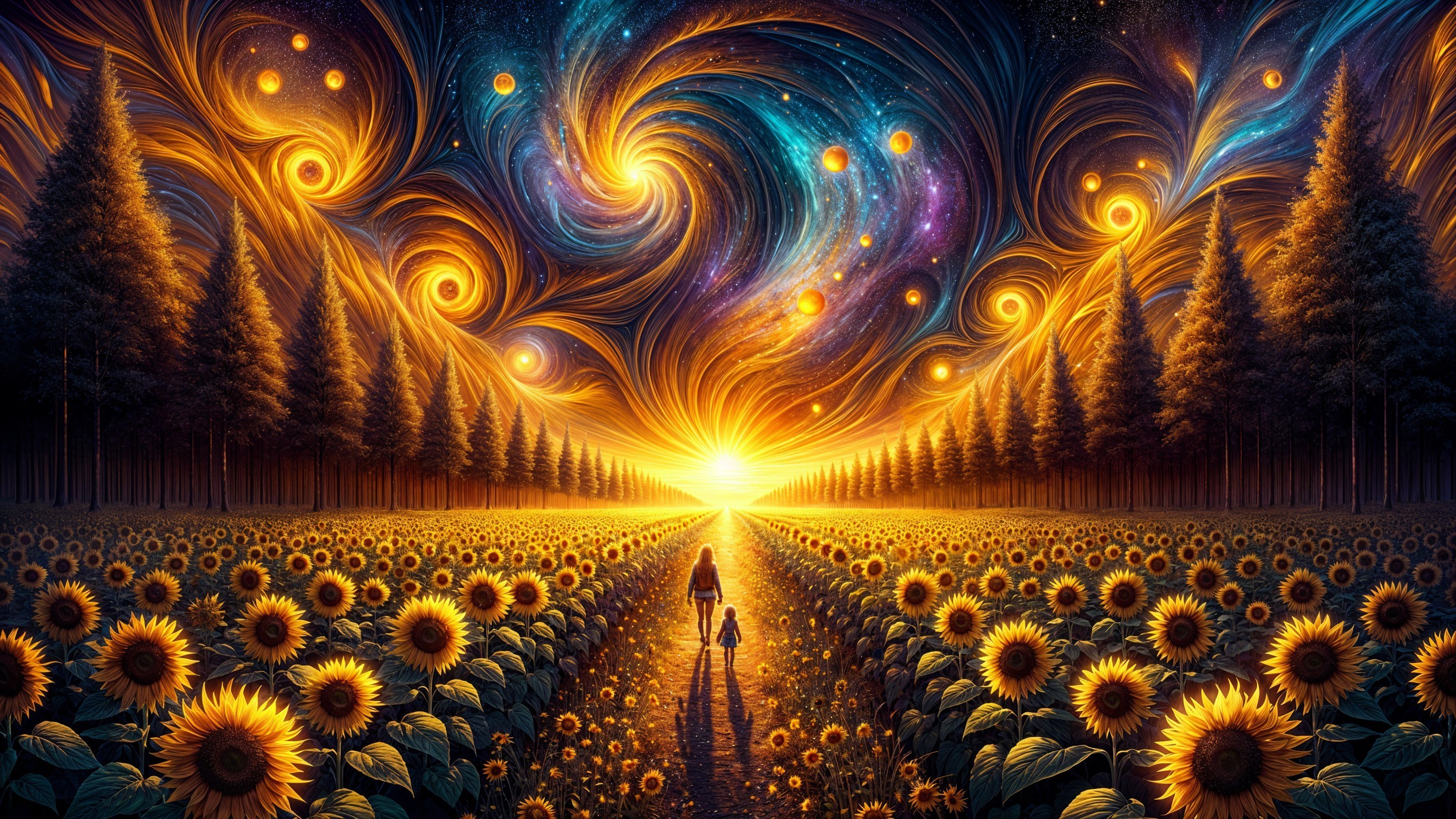 Sunset Over Sunflower Field with Cosmic Sky