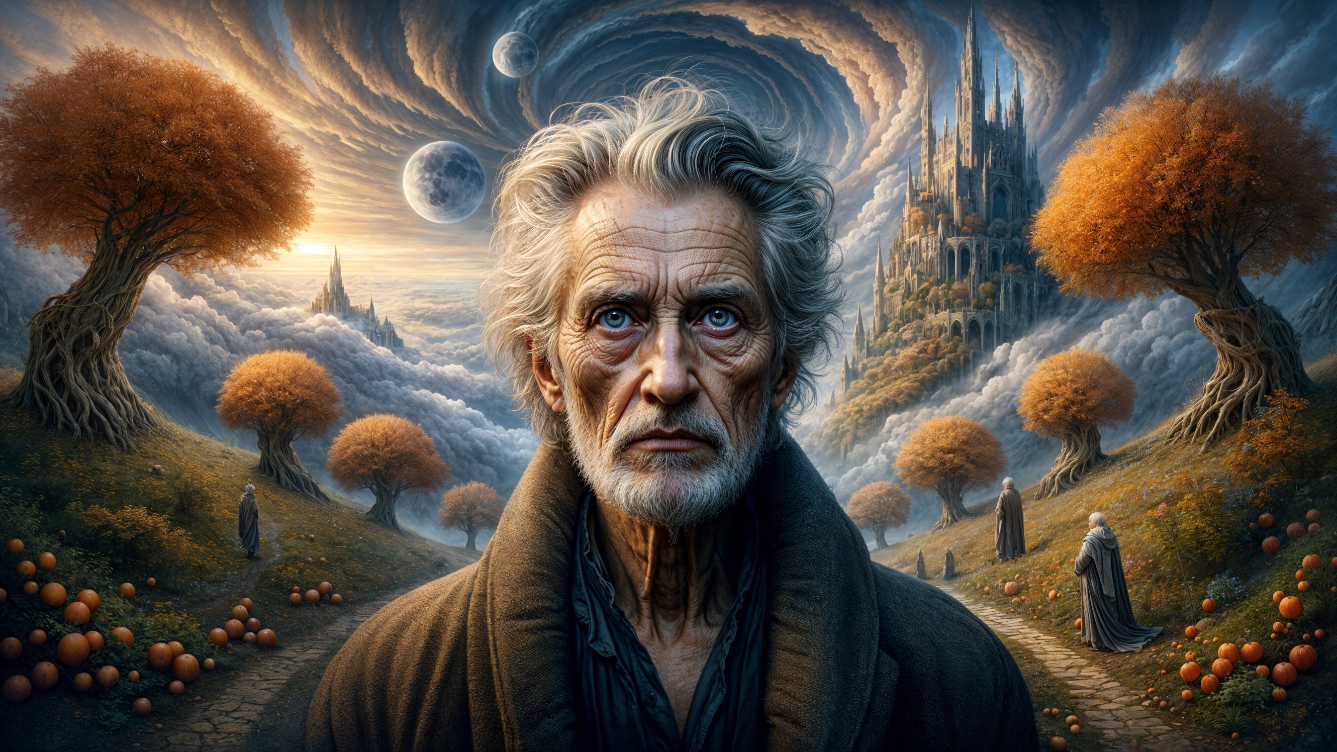 Solemn Old Man in Surreal Landscape with Two Moons