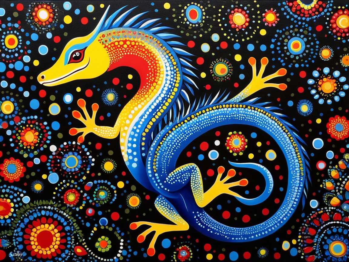 Vibrant Lizard Against Cosmic Patterned Background