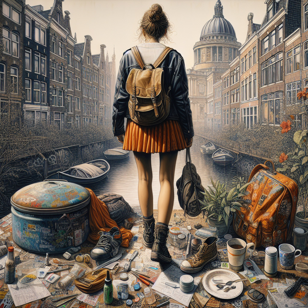 Young woman by serene canal with urban chaos
