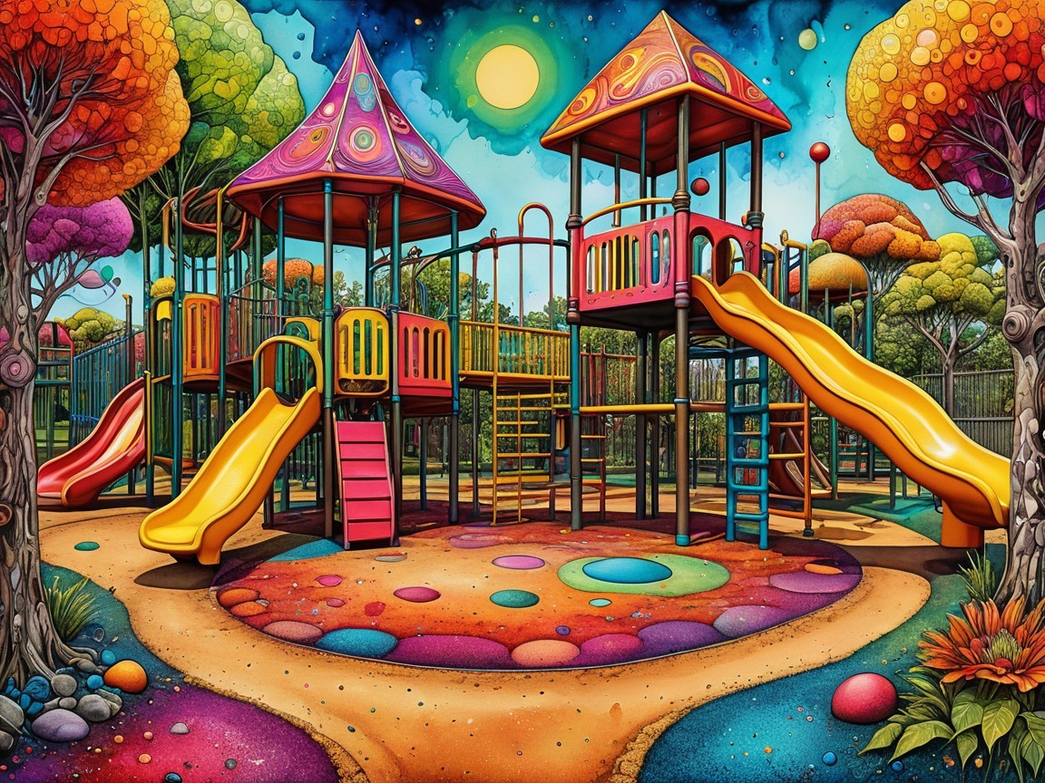 Vibrant Playground with Colorful Slides and Trees