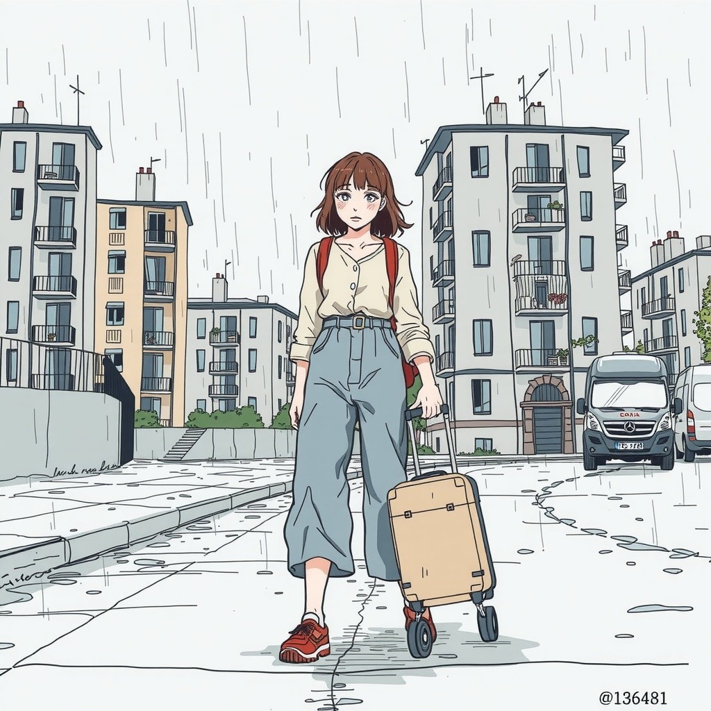 Young Woman with Suitcase in Rainy City Street