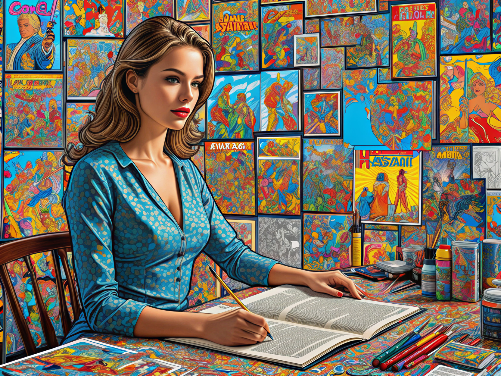 Young Woman Drawing in Colorful Artistic Space